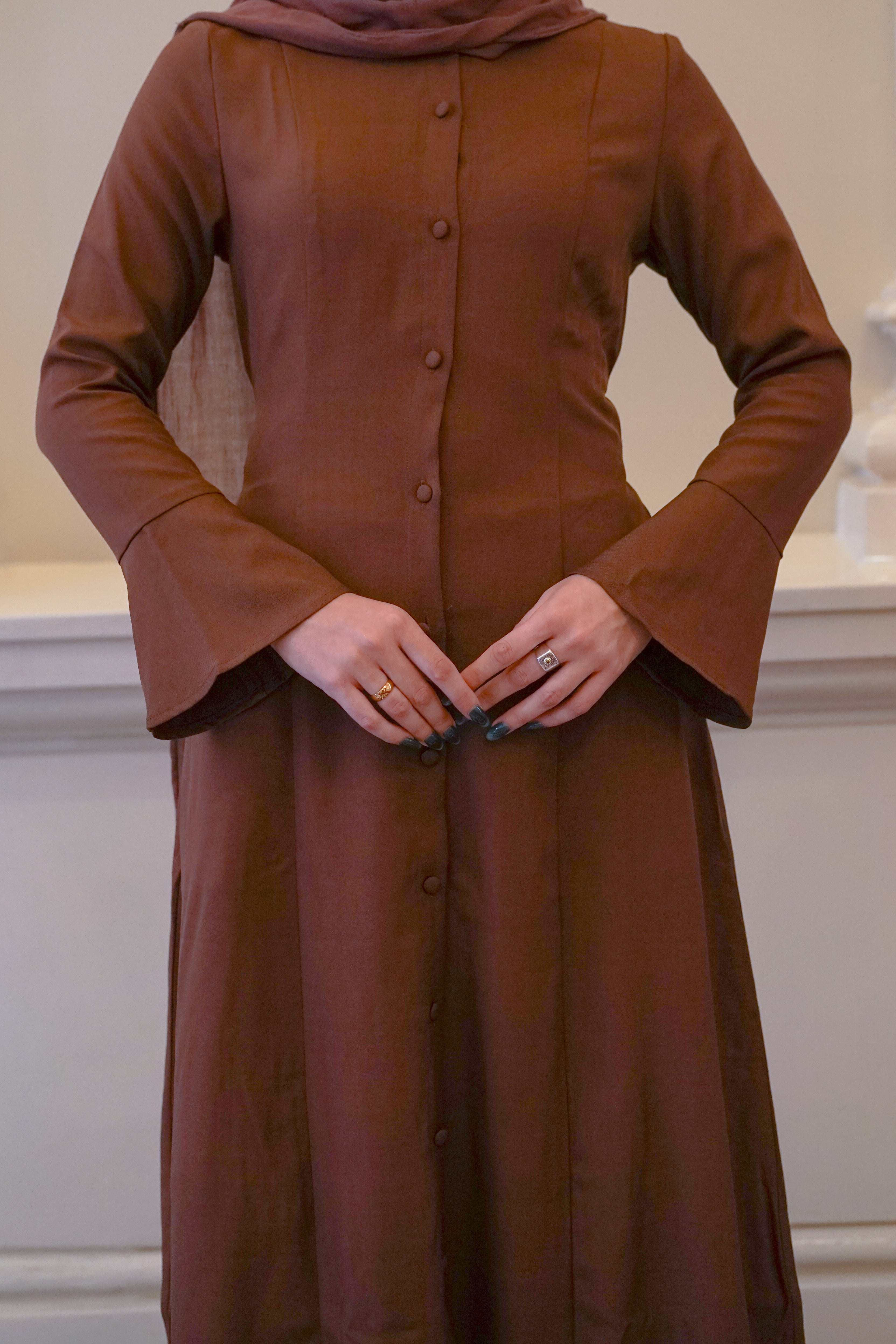 Amara Flare Button Dress - Brown