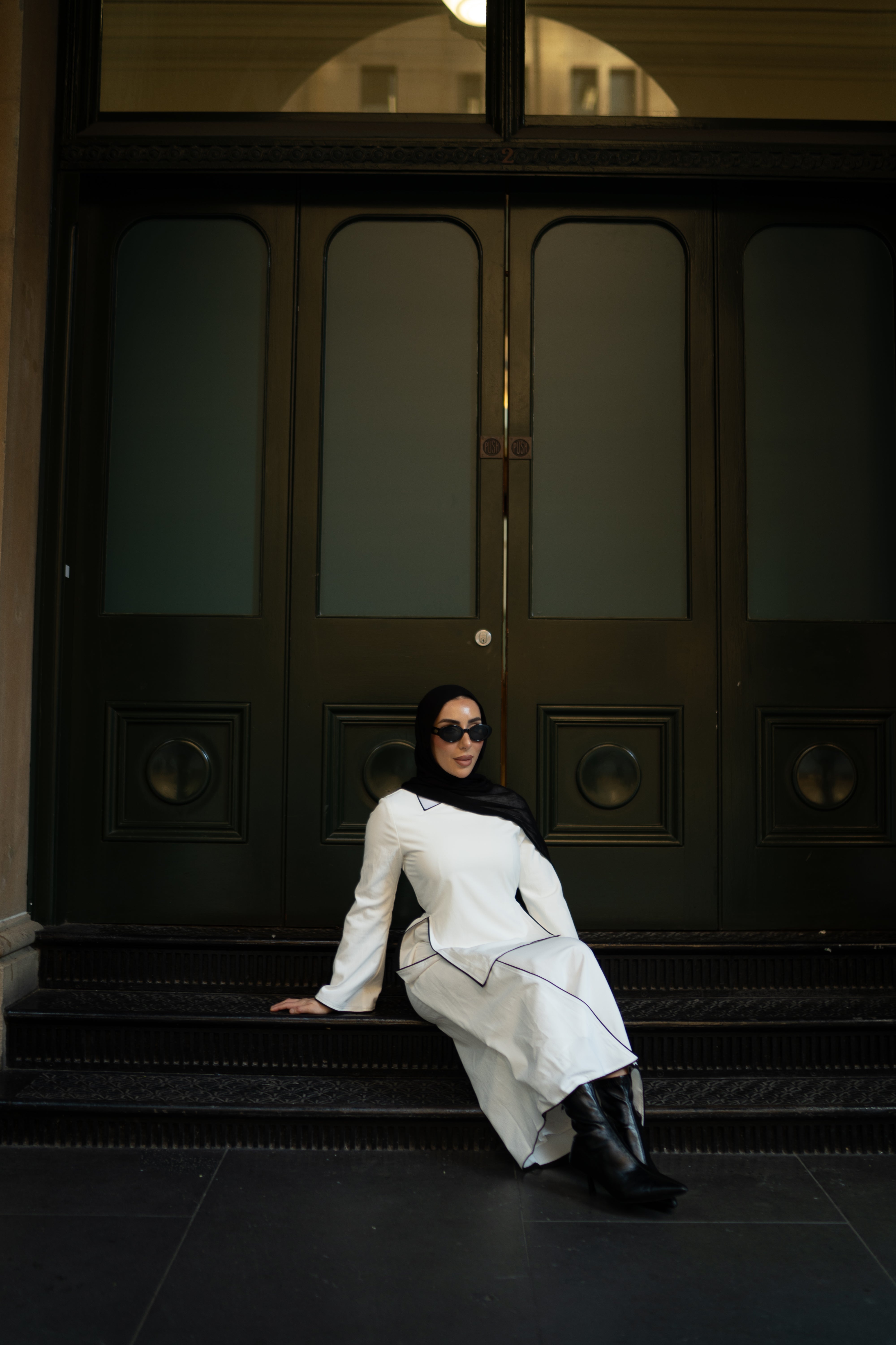 Nora Asymmetrical Dress - White/Black Binding