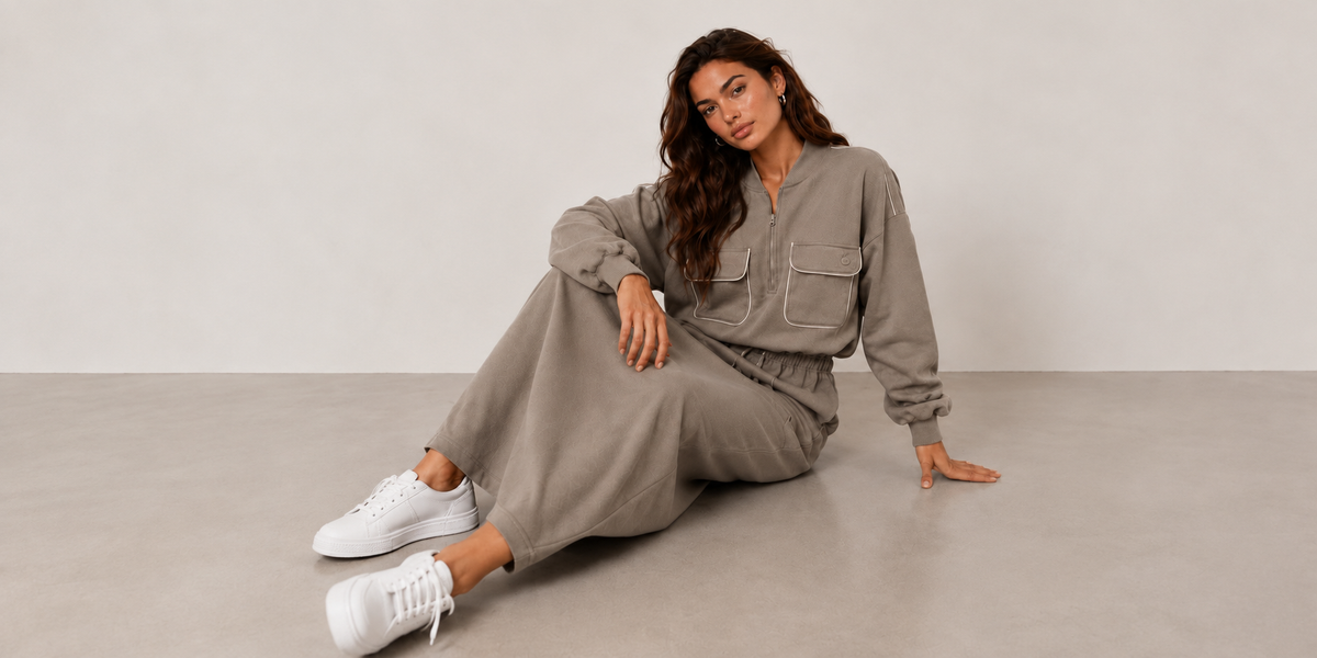 Verona Sport Skirt Set featuring a zip-up top and matching long skirt styled with white sneakers