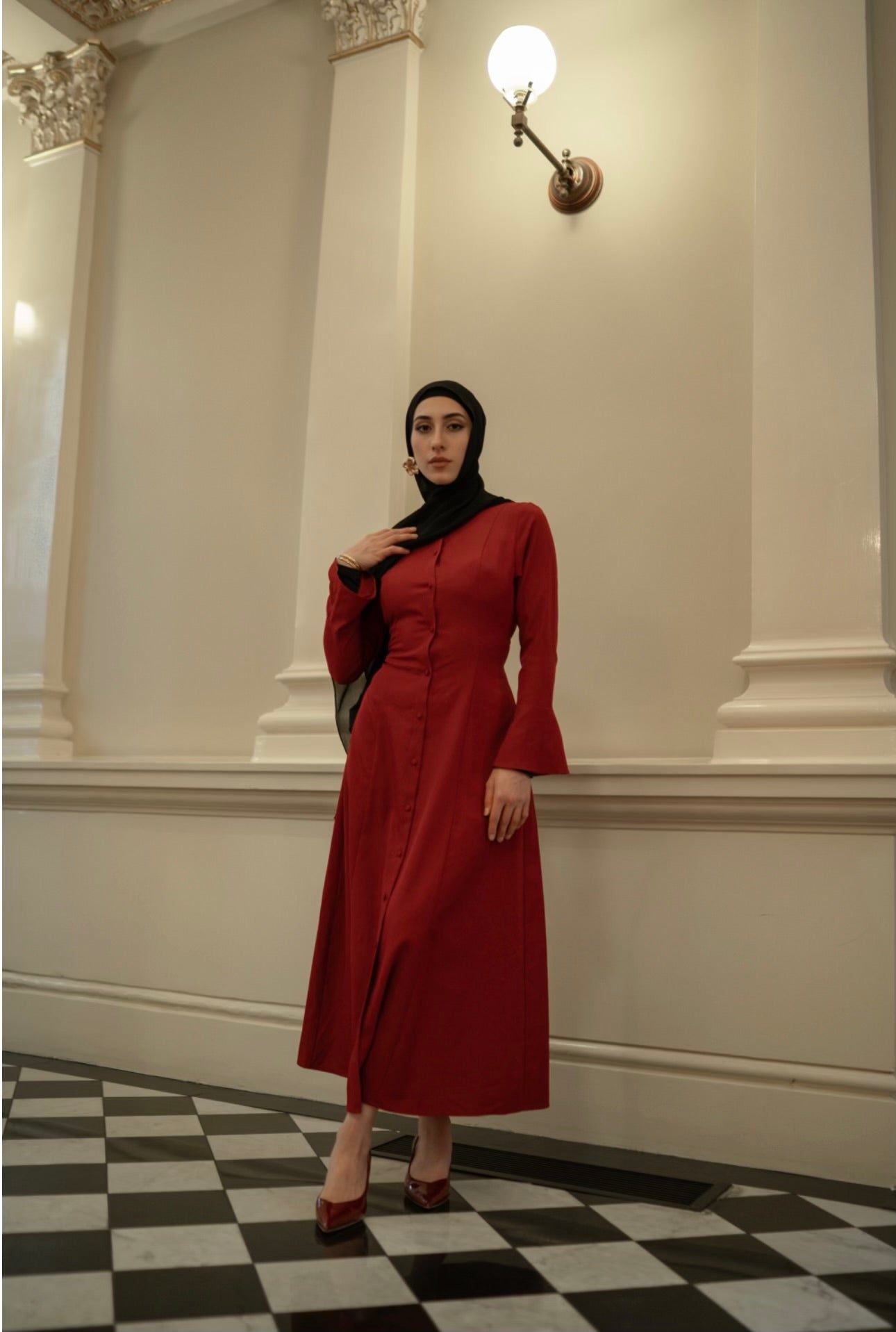 Amara Flare Button Dress - RED