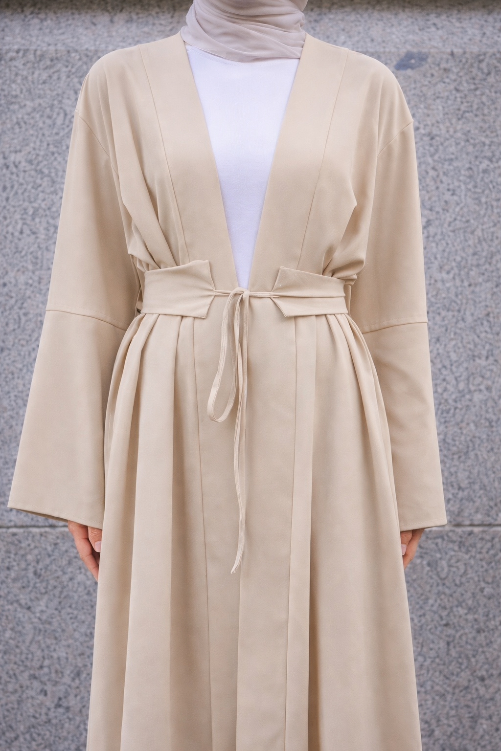 Rowan Belted Abaya in beige by Orlena Official, detailed view of the waist and tie belt on a modest dress