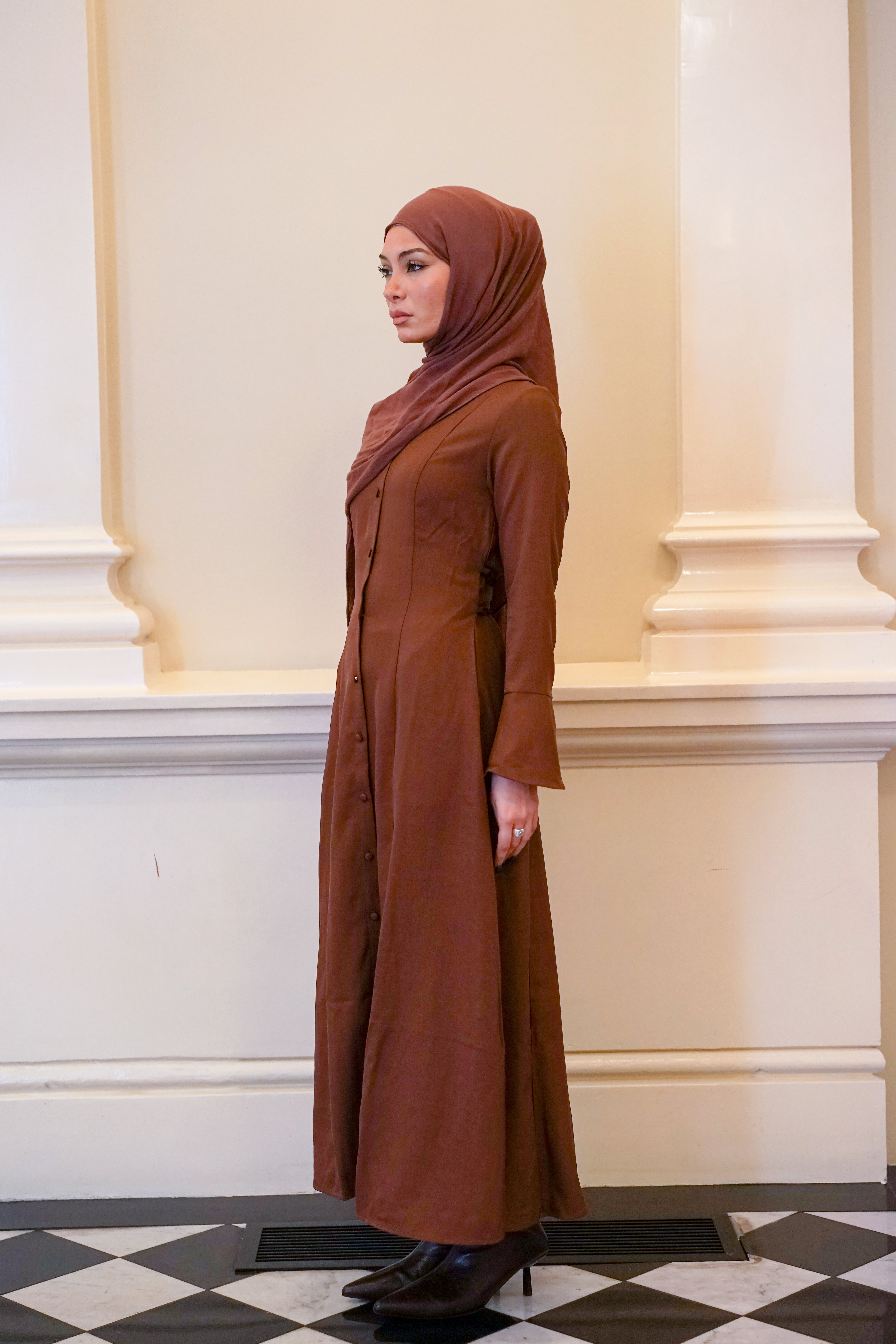 Amara Flare Button Dress - Brown