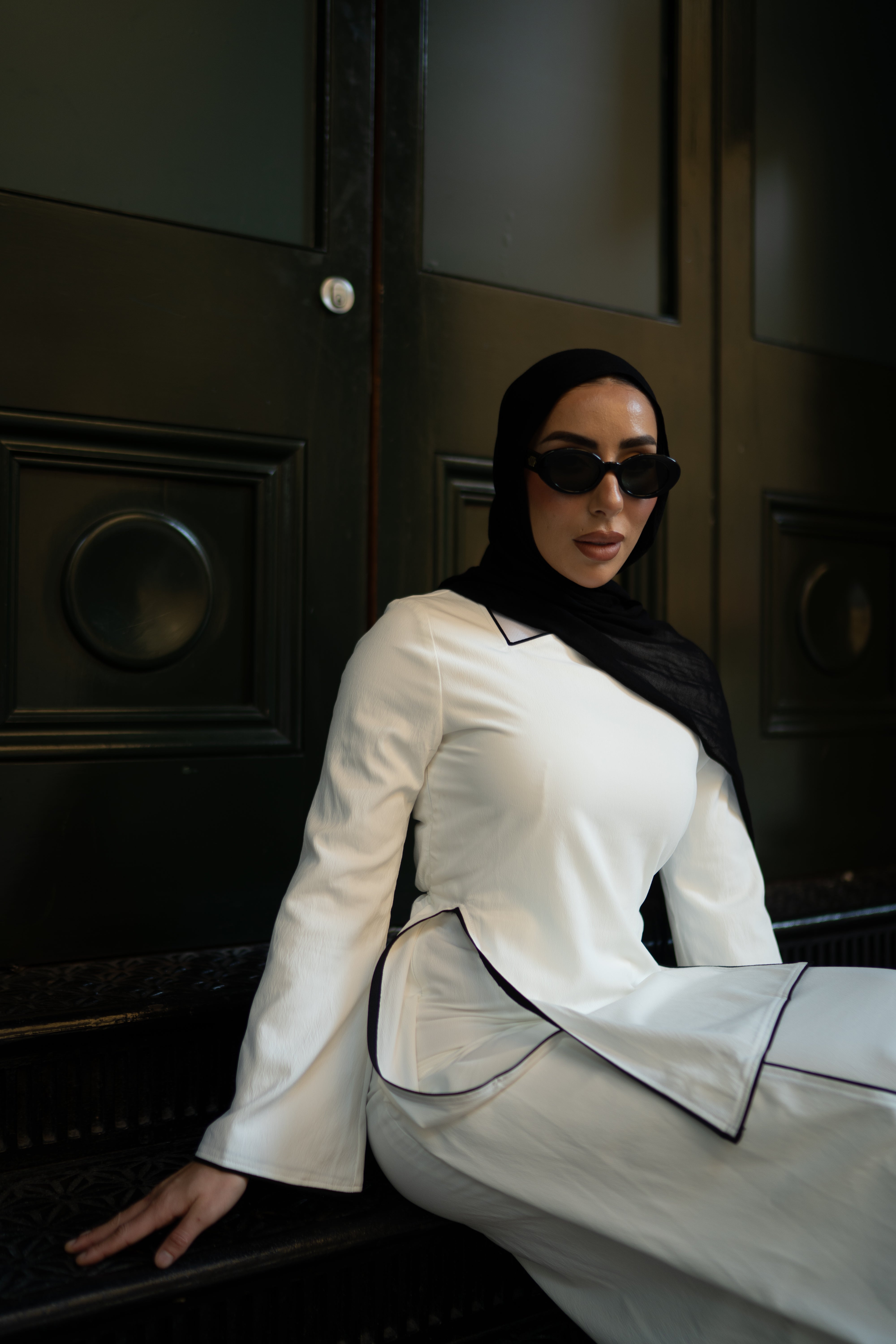 Nora Asymmetrical Dress - White/Black Binding
