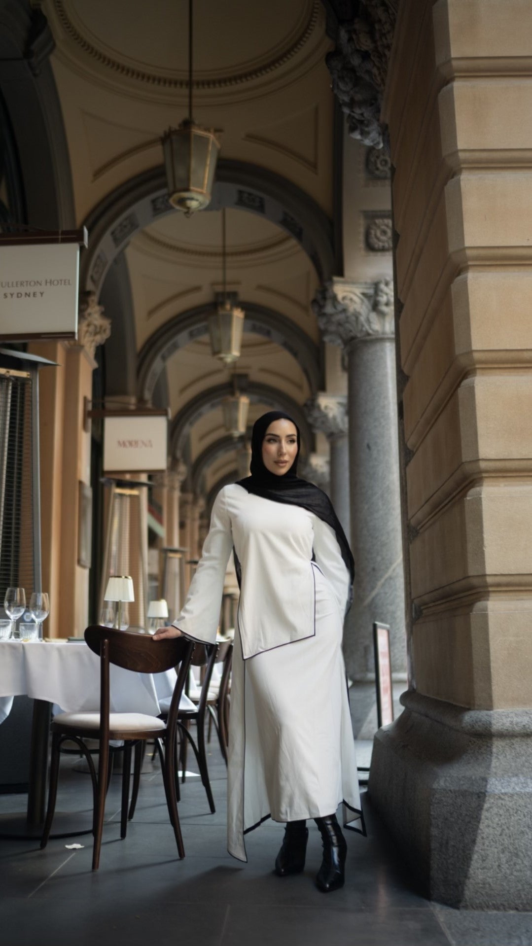 Nora Asymmetrical Dress - White/Black Binding