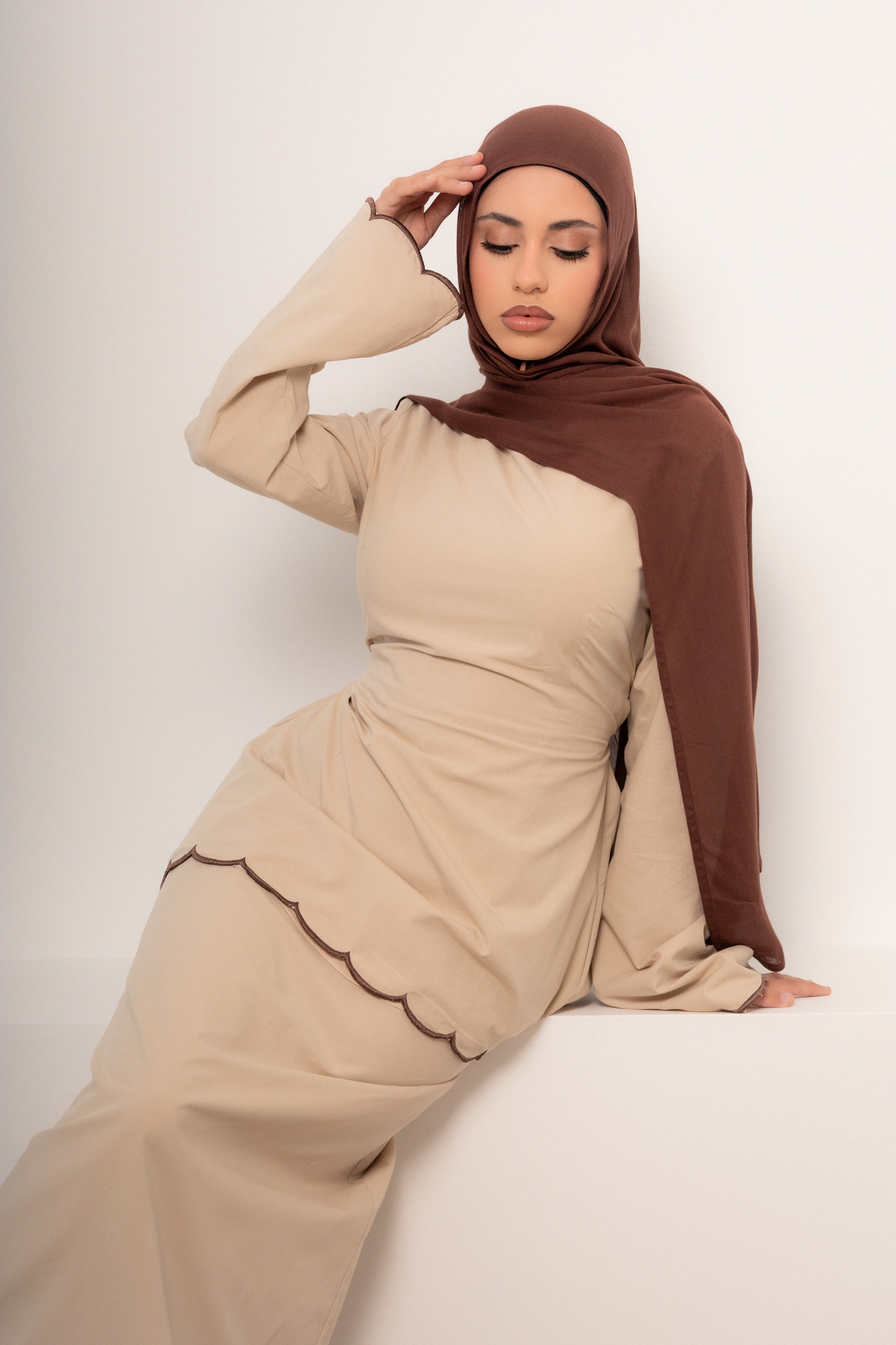 Odette Scallop Set Beige Two Piece Top and Skirt