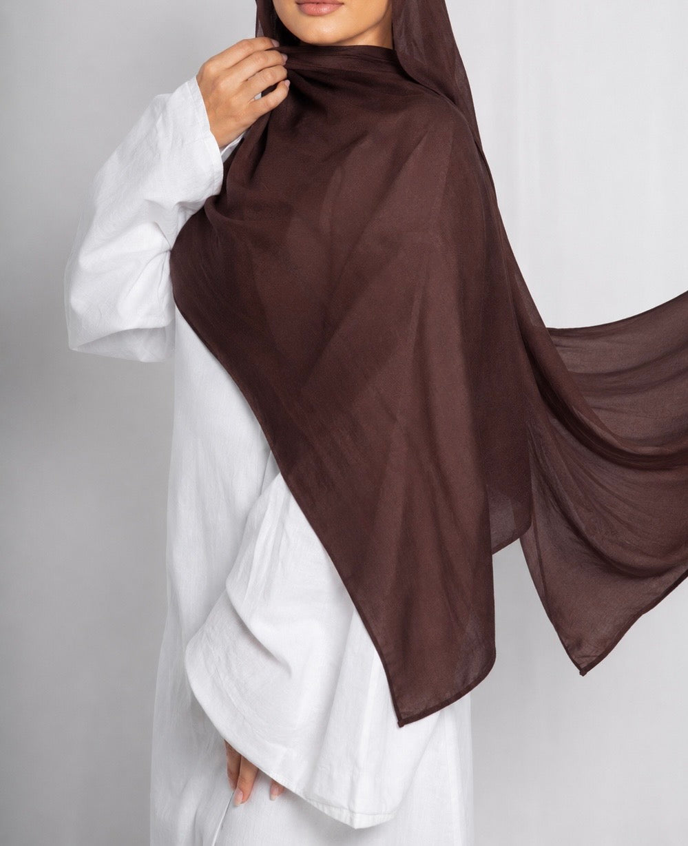 Close-up of the Walnut Brown modal hijab showcasing its lightweight breathable fabric, flowing drape, and rich brown colour for elegant modest styling